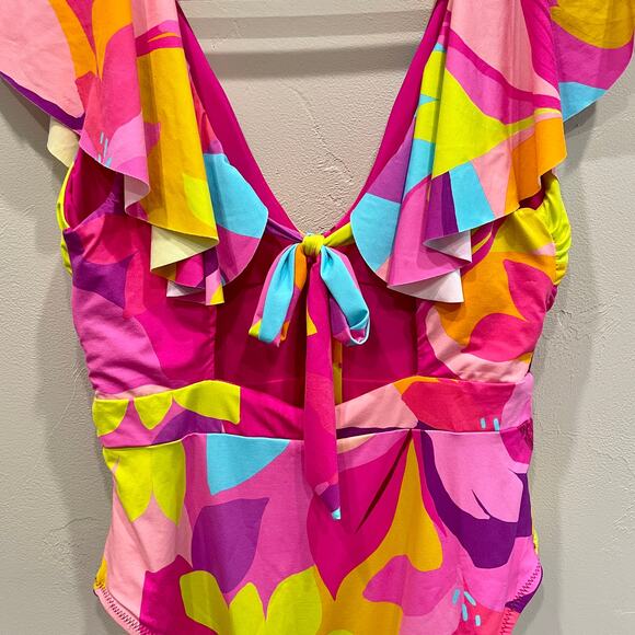 NWT Trina Turk Lilleth Ruffle One-Piece Swimsuit Pink Multi - Size: 10 - Picture 8 of 11